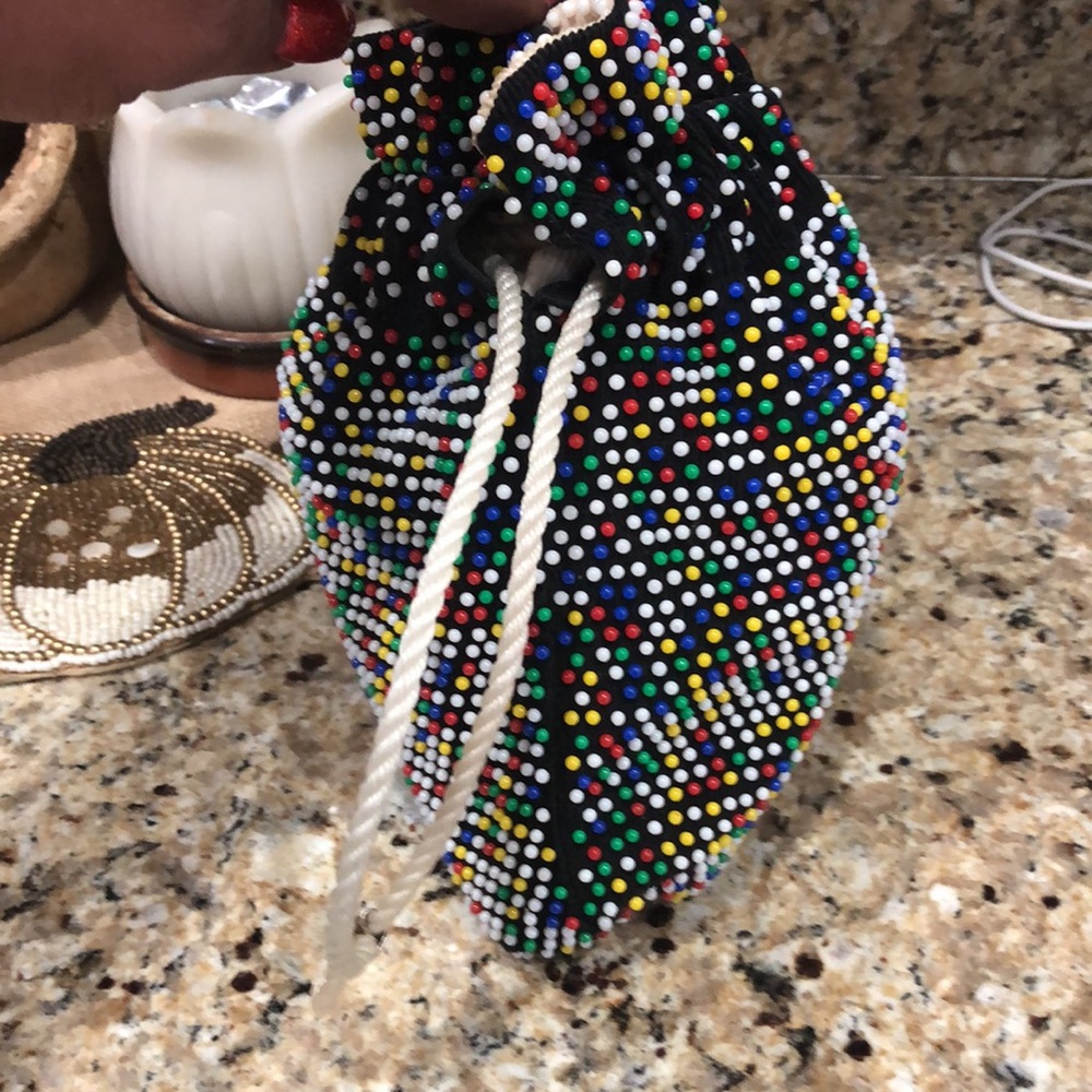 Multicolor Beaded Drawstring Pouch Bag EUC - image 4